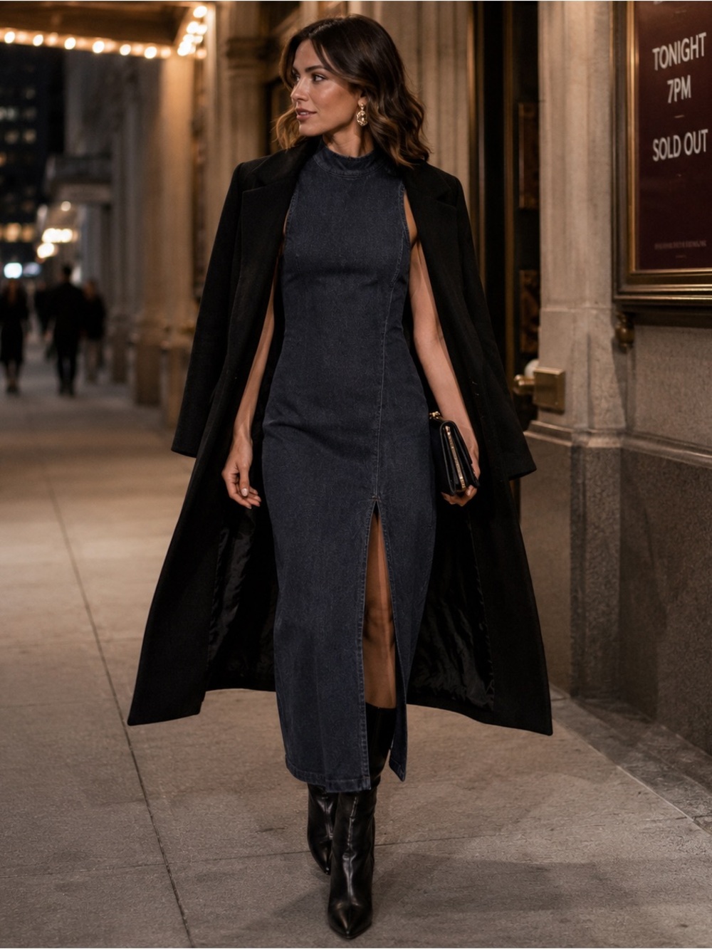 Zara Washed Charcoal Black Denim Midi Dress Front Slit NWT M